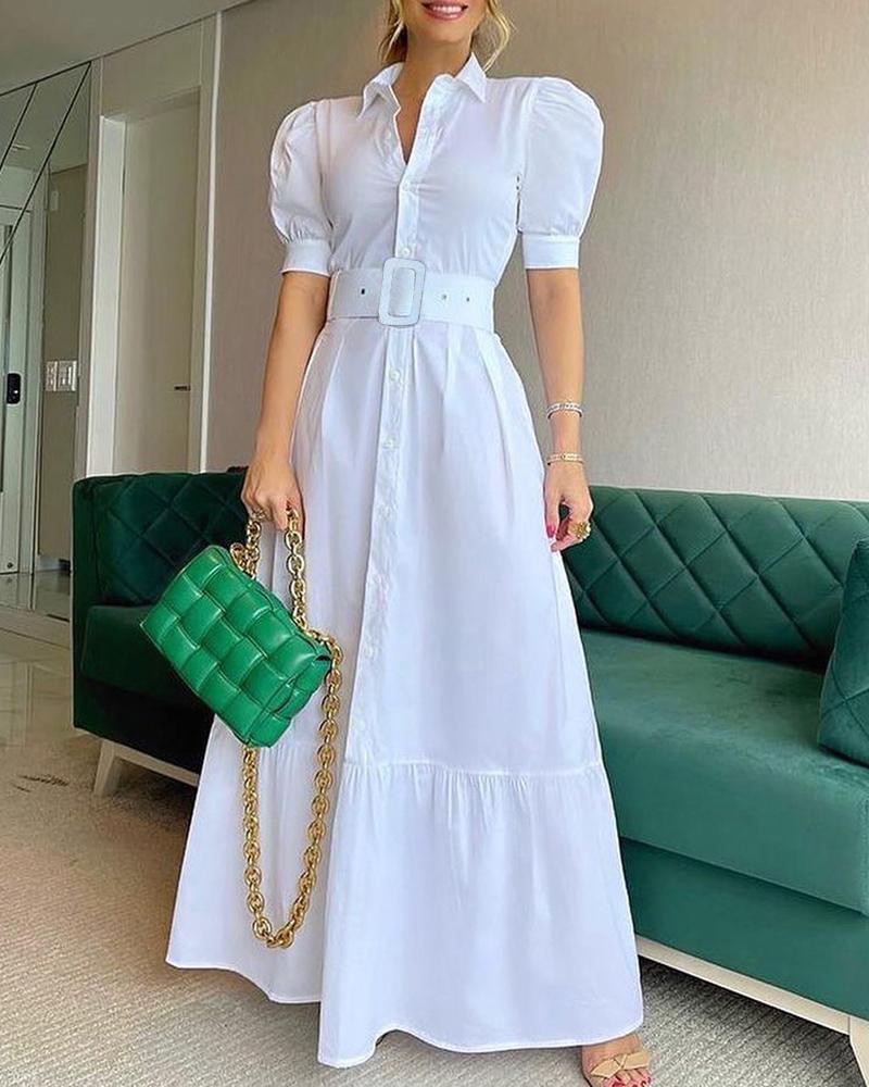大人ワンピース ロング パフスリーブシャツ襟ティアードワンピース