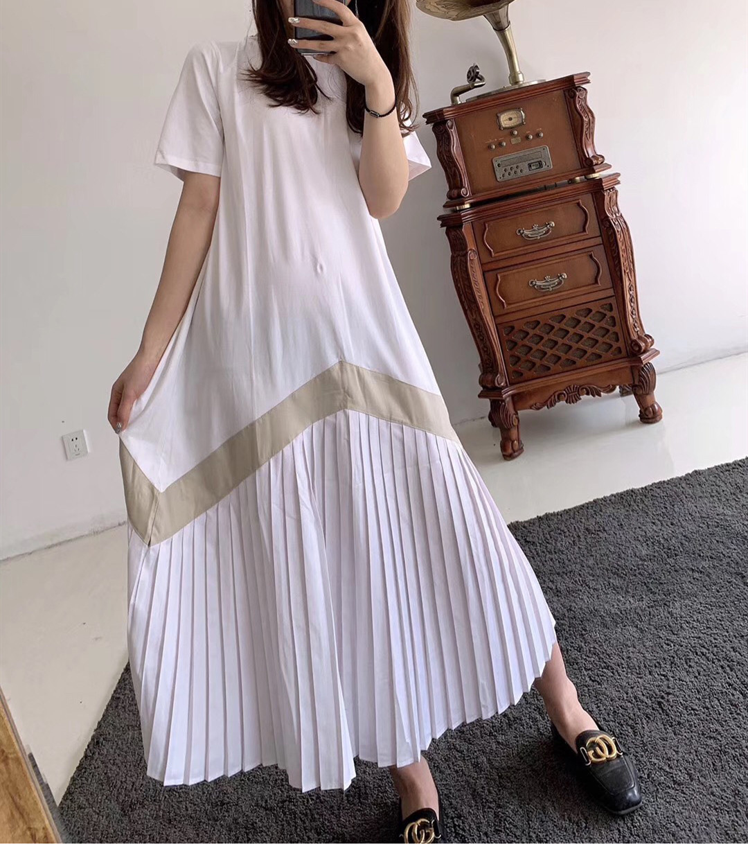 大人ワンピース ロング プリーツ切替ラインバイカラーワンピース
