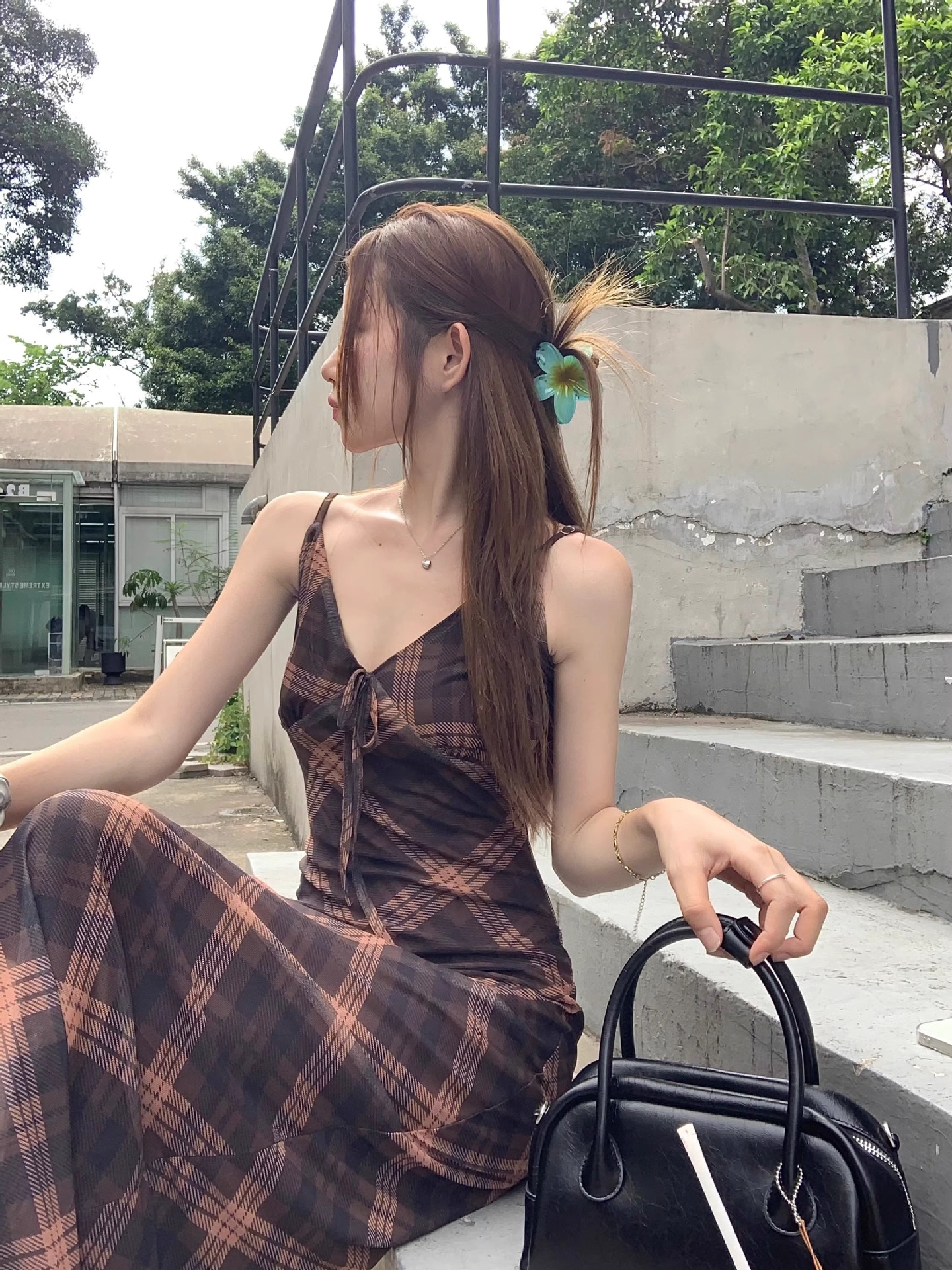 大人ワンピース ロング 格子柄キャミソールロングワンピース