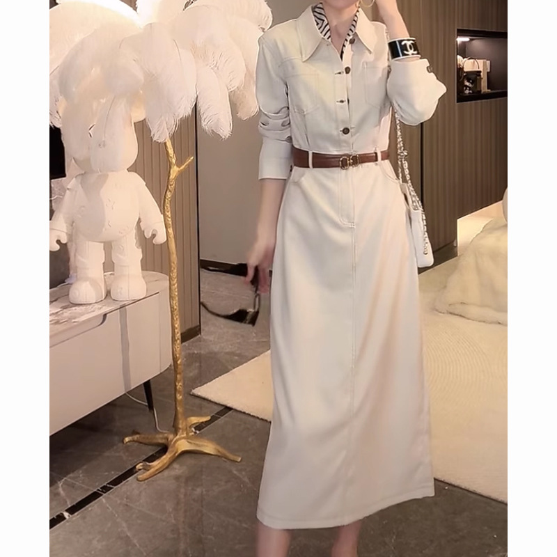大人ワンピース ロング 上品シルエット シャツ襟ロングワンピース