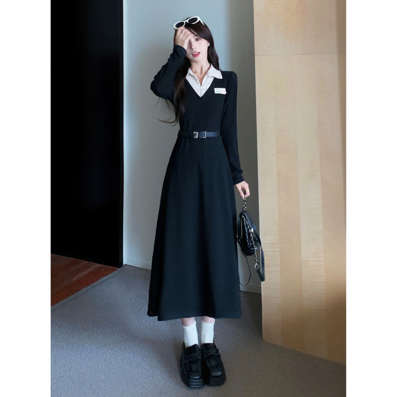 大人ワンピース ロング 襟付きベルト付きワンピース