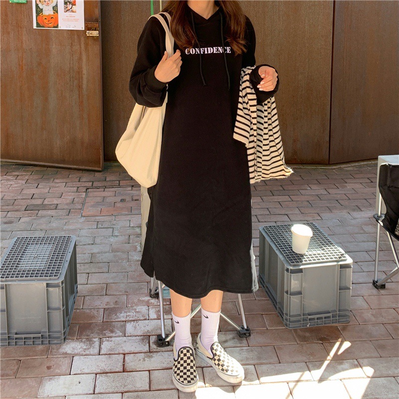 大人ワンピース フード付きロング丈ワンピース オーバーサイズ ロゴプリント