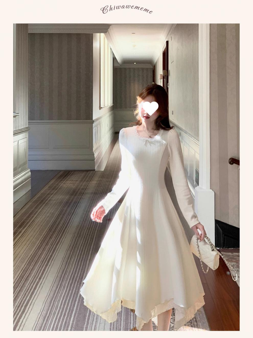 大人ワンピース ロング 優雅なプリーツニットワンピース