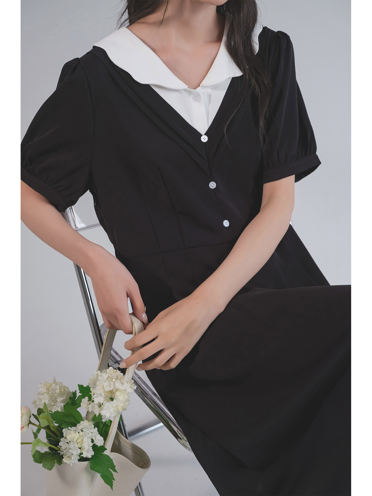 大人ワンピース ロング レイヤード風Vネックシフォンワンピース