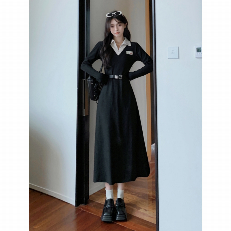 大人ワンピース ロング 襟付きベルト付きワンピース