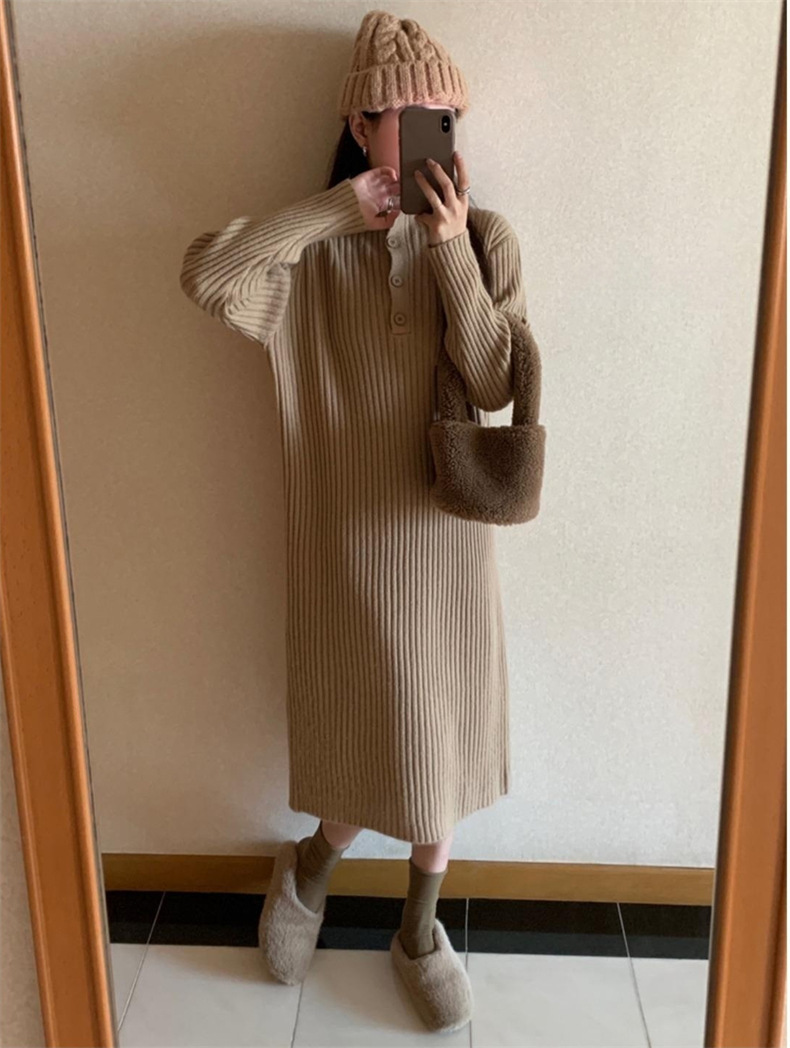 大人ワンピース リブニットワンピース長袖ハイネックロング丈きれいめ