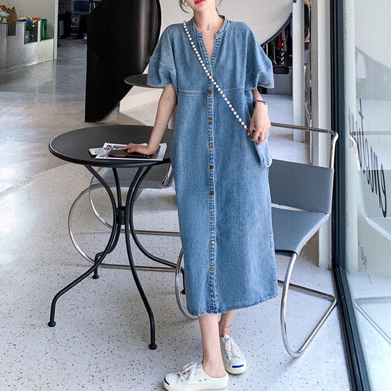 大人ワンピース ロング ノーカラーデニムワンピース