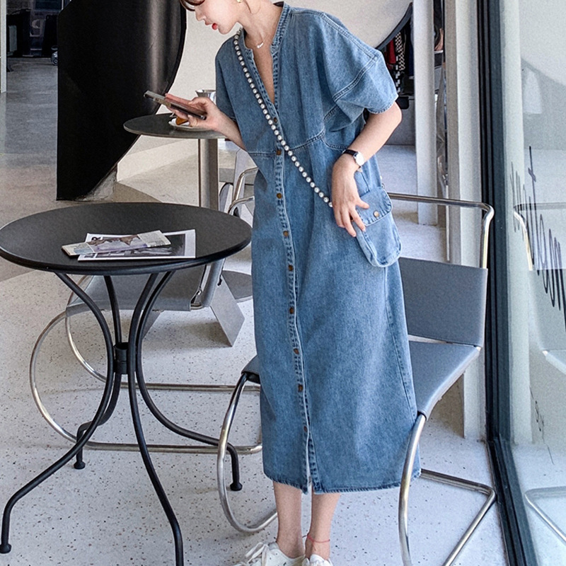 大人ワンピース ロング ノーカラーデニムワンピース