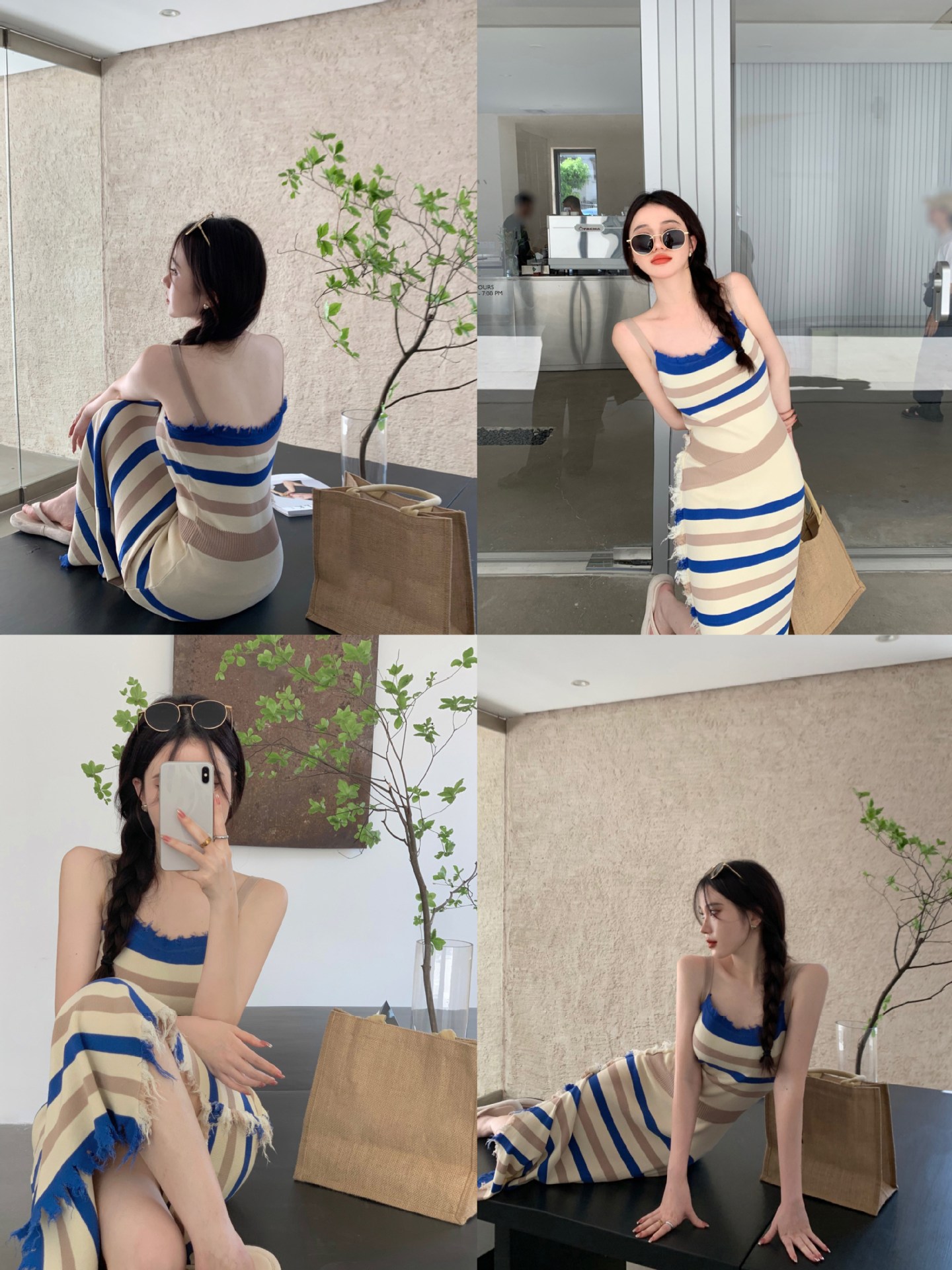 大人ワンピース ロング アシンメトリーストライプキャミワンピース