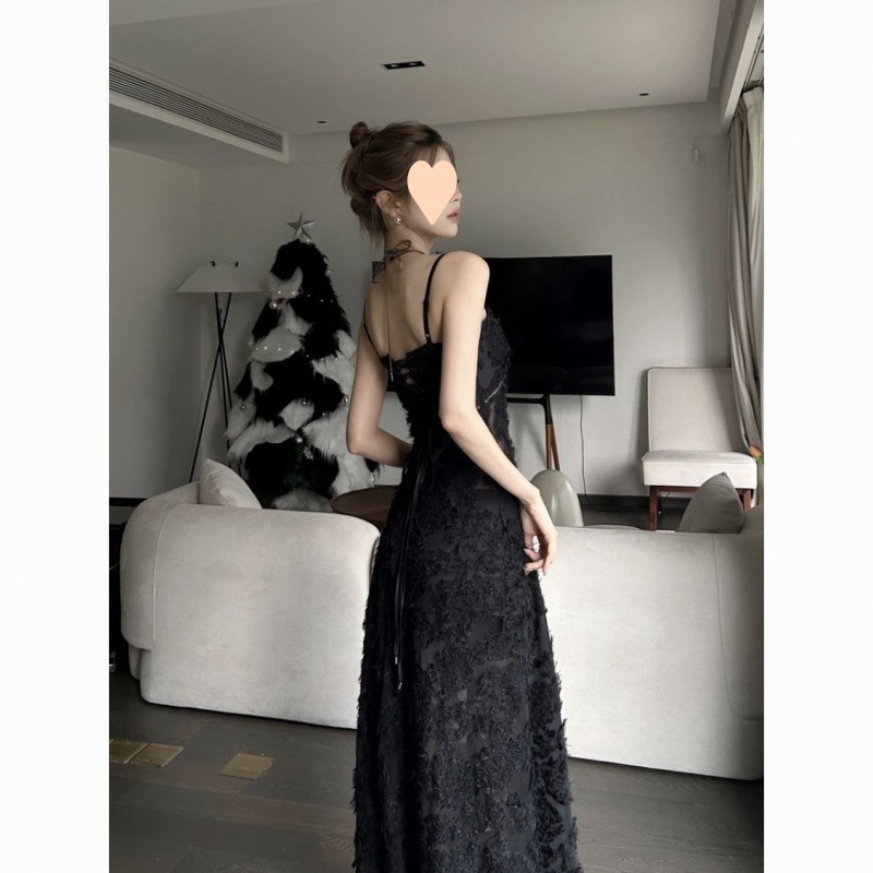 大人ワンピース ロング フロッキー加工レースキャミソールワンピース