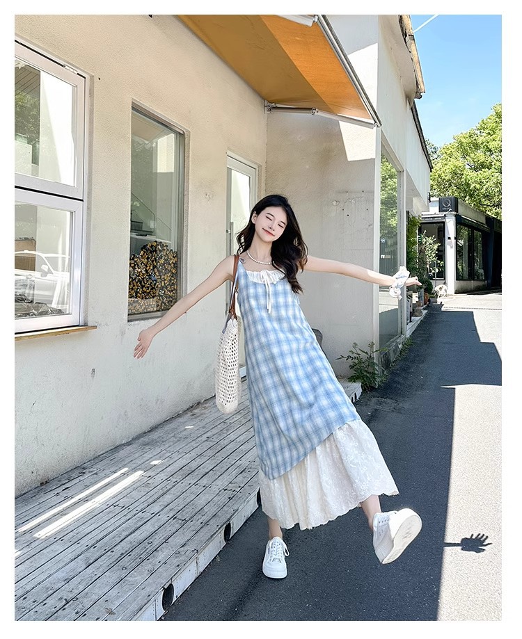大人ワンピース マキシ チェック柄レース切替キャミソールワンピース