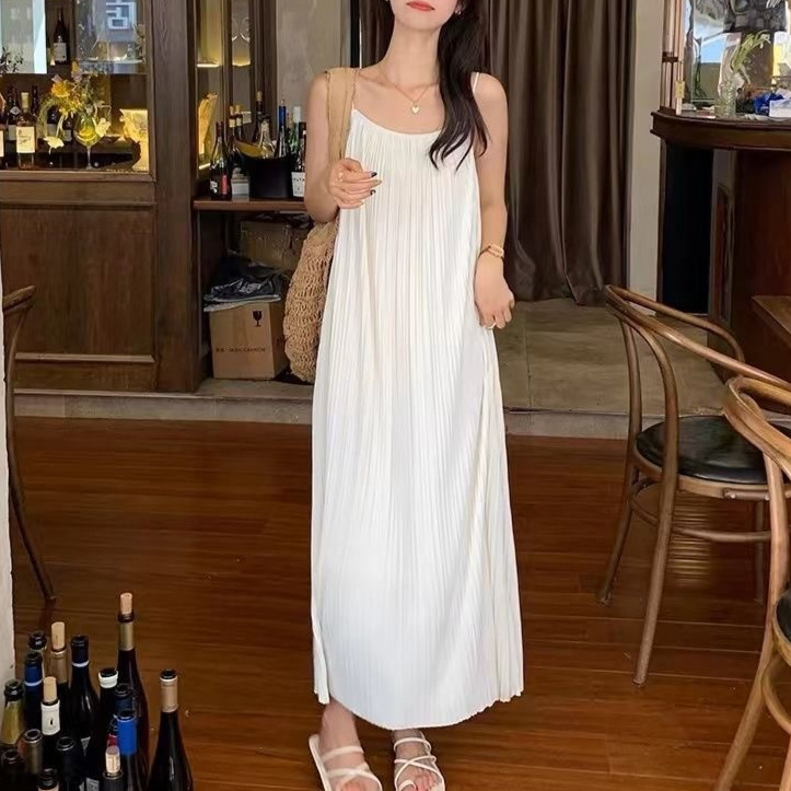 大人ワンピース 優雅なプリーツキャミロングワンピース