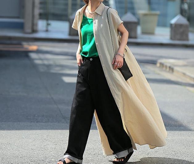 大人ワンピース 綿麻風ゆったり襟付きロング丈半袖ワンピース