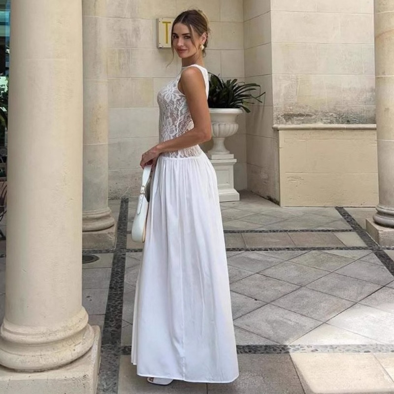 大人ワンピース ロング 花レースウエスト切替優美ロングワンピース