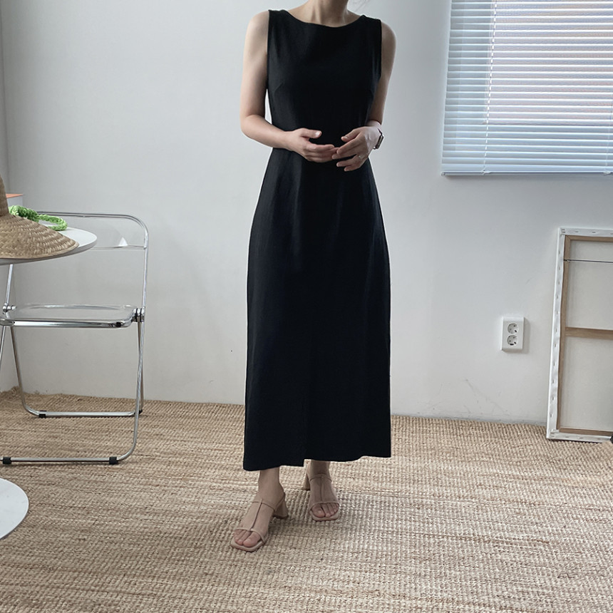 大人ワンピース 綿麻無地ノースリーブロングワンピース