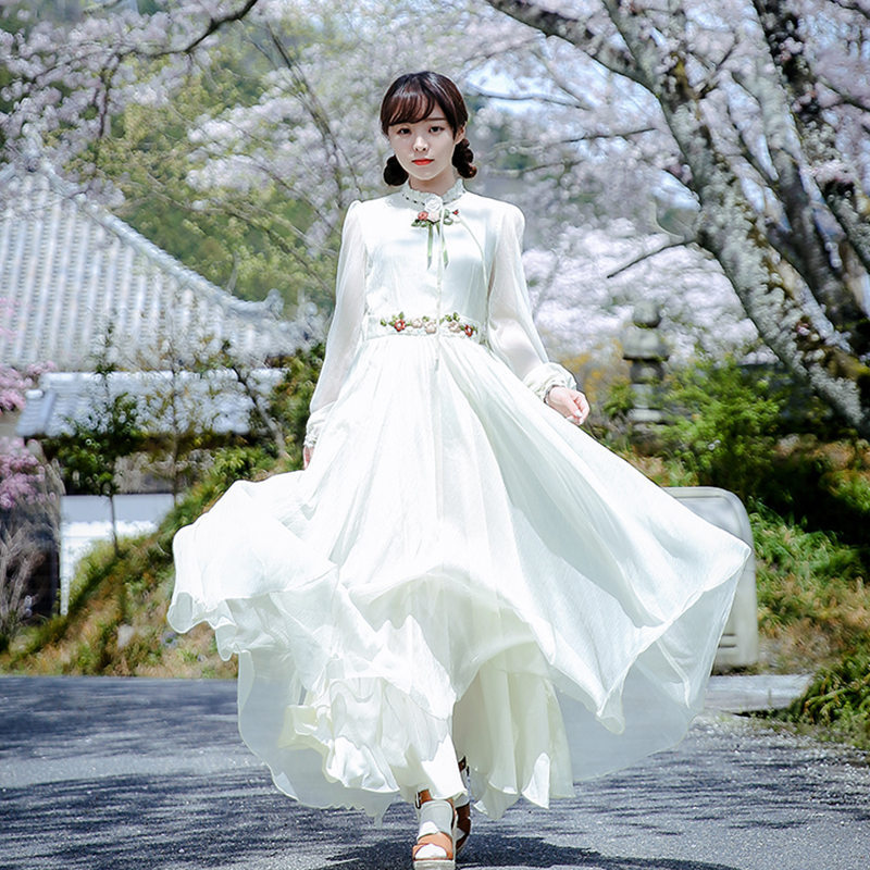 大人ワンピース ロング 清楚優美な花刺繍レトロ風ロングワンピース