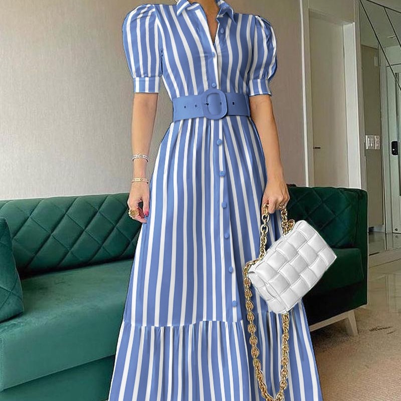 大人ワンピース ロング パフスリーブシャツ襟ティアードワンピース