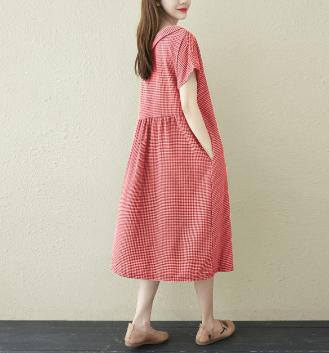 大人ワンピース 襟付き半袖チェック柄ワンピース大人可愛いスタイル