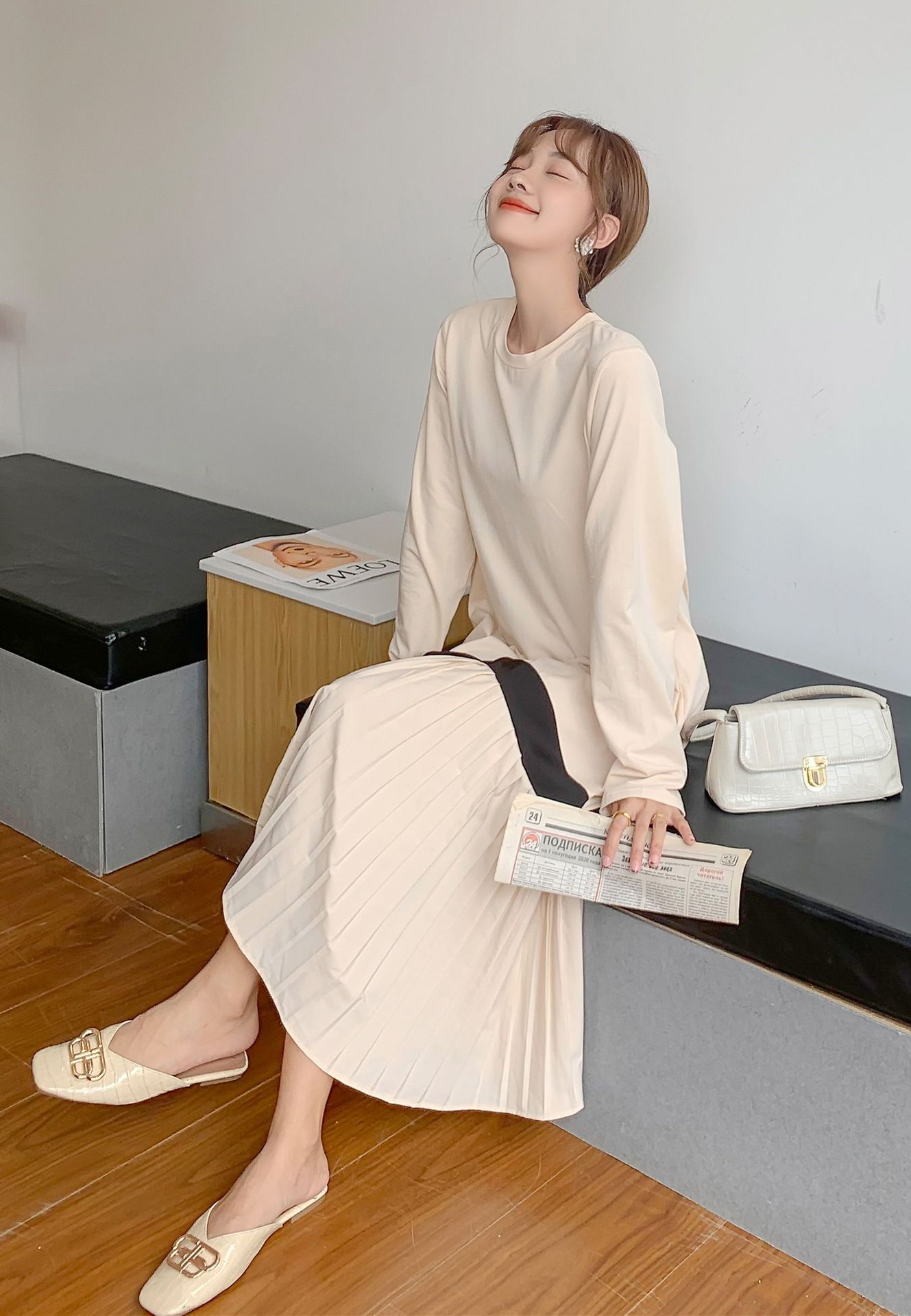 大人ワンピース ロング プリーツ切替ラインバイカラーワンピース