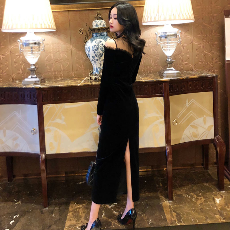 大人ワンピース ロング 優美チュール シースルー ベルベットワンピース