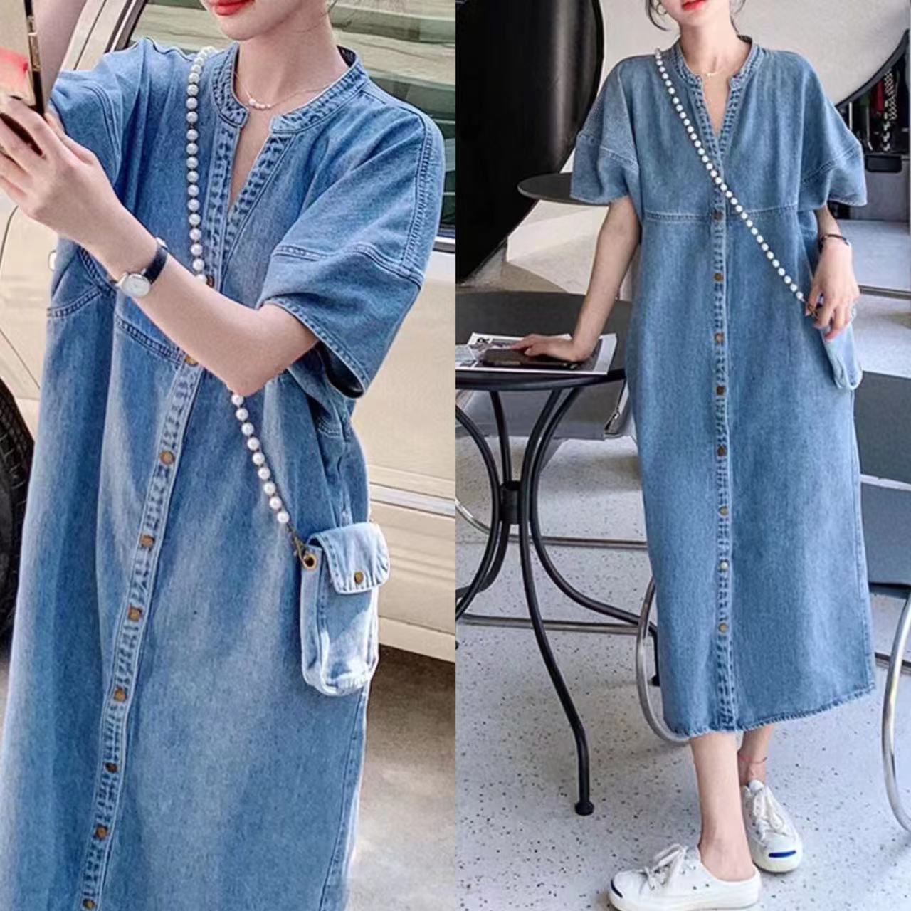 大人ワンピース ロング ノーカラーデニムワンピース
