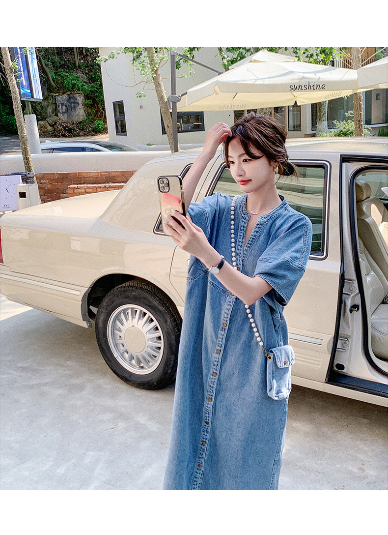 大人ワンピース ロング ノーカラーデニムワンピース