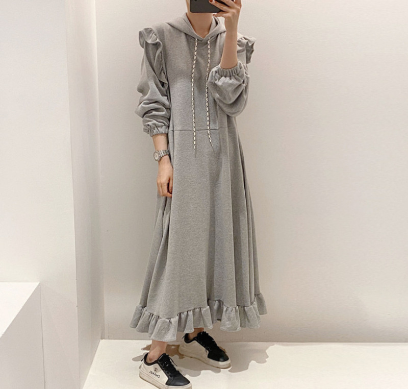 大人ワンピース フード付きフリルワンピース長袖ロング丈大人上品