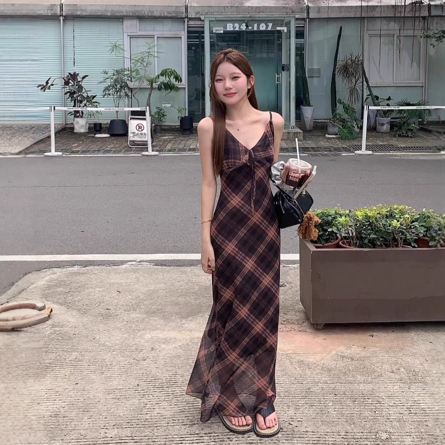 大人ワンピース ロング 格子柄キャミソールロングワンピース