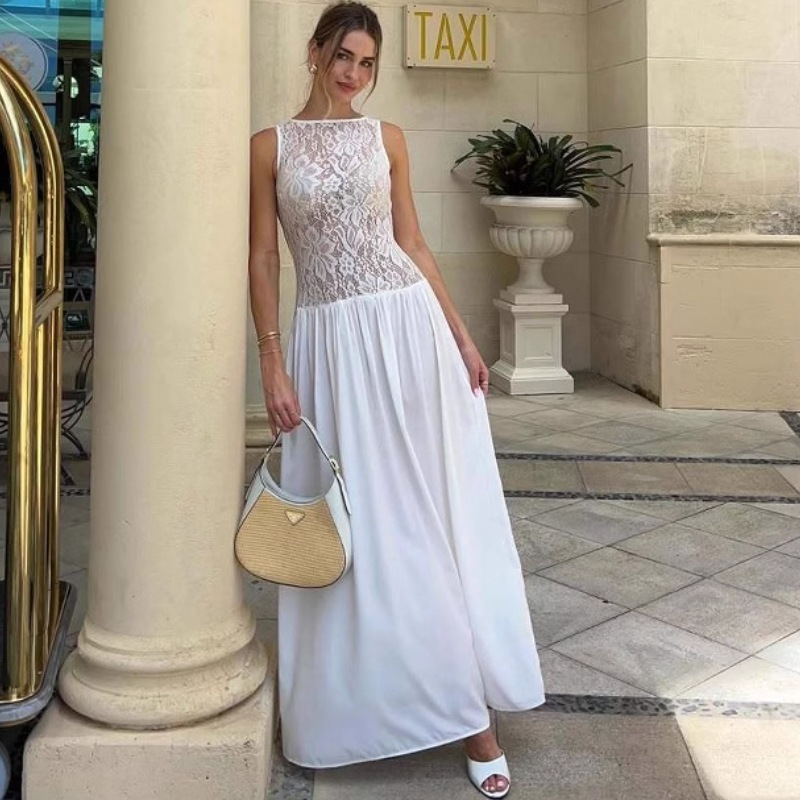 大人ワンピース ロング 花レースウエスト切替優美ロングワンピース