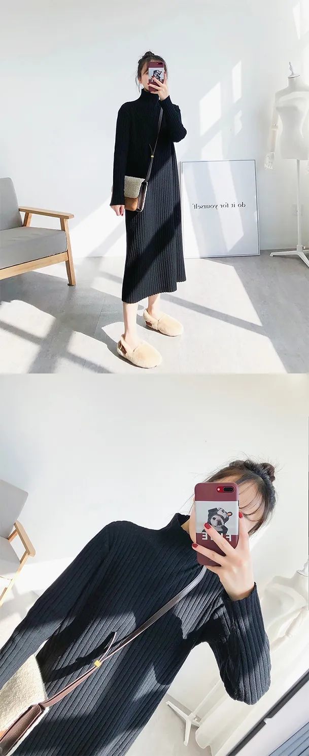 大人ワンピース ロング シンプル大人リブニットワンピース