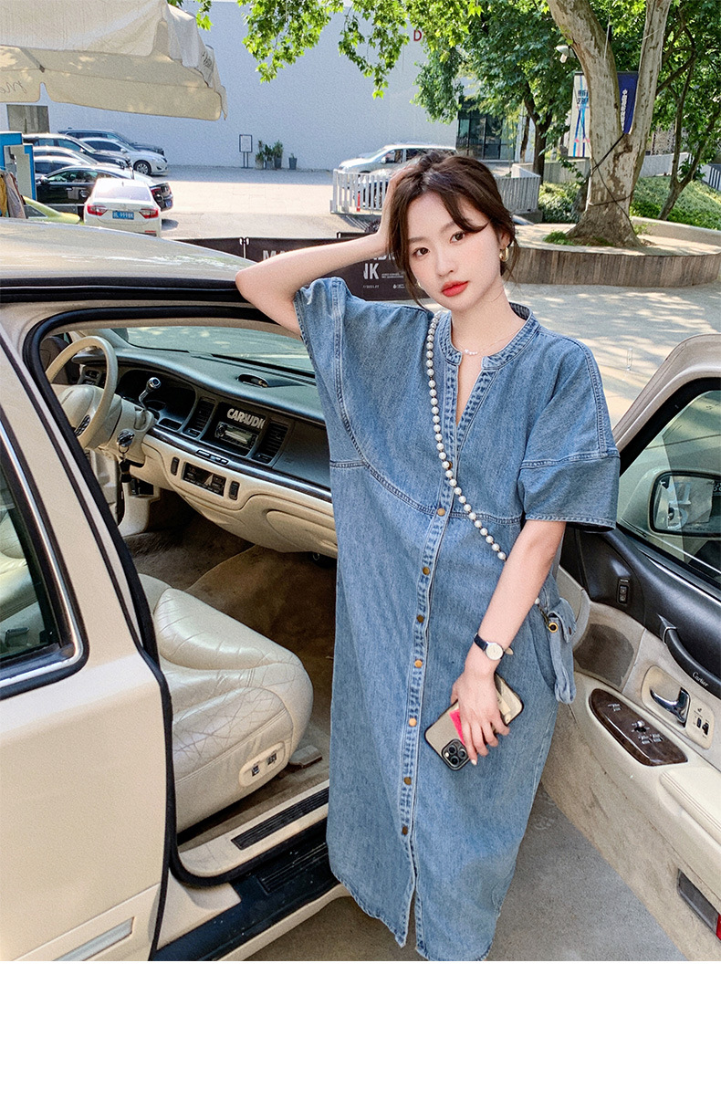 大人ワンピース ロング ノーカラーデニムワンピース