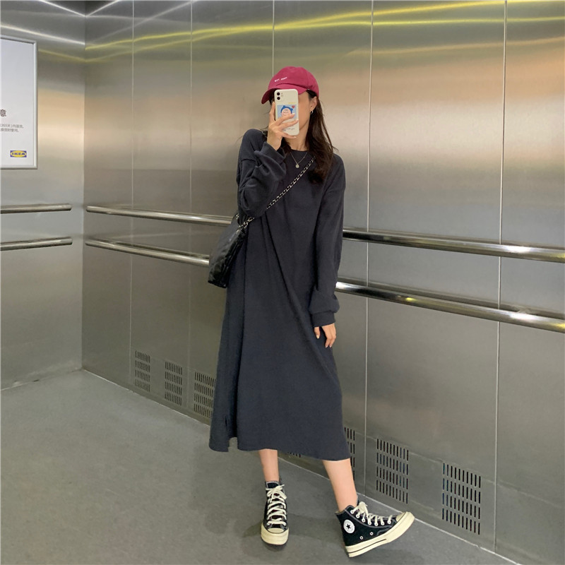 大人ワンピース リブニットワンピース長袖ロング丈サイドスリット入り