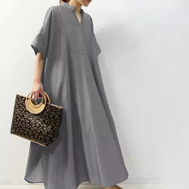 大人ワンピース ロング スキッパーネック ゆったりロングワンピース