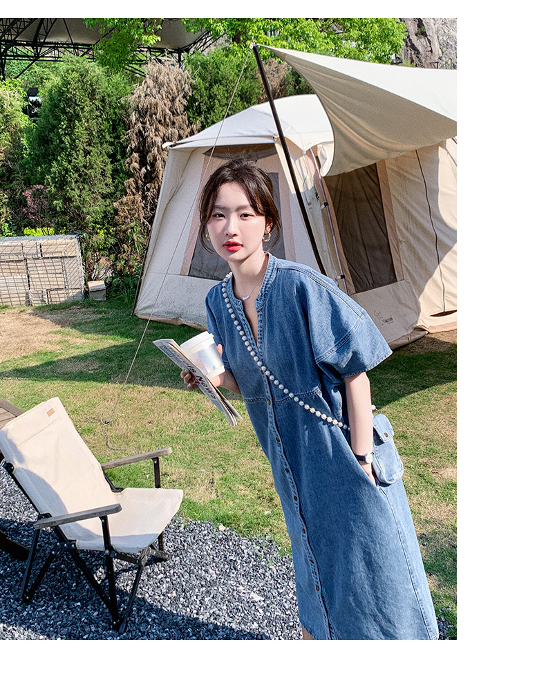 大人ワンピース ロング ノーカラーデニムワンピース