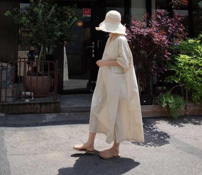 大人ワンピース 綿麻シャツワンピース ロング丈半袖ゆったりシルエット