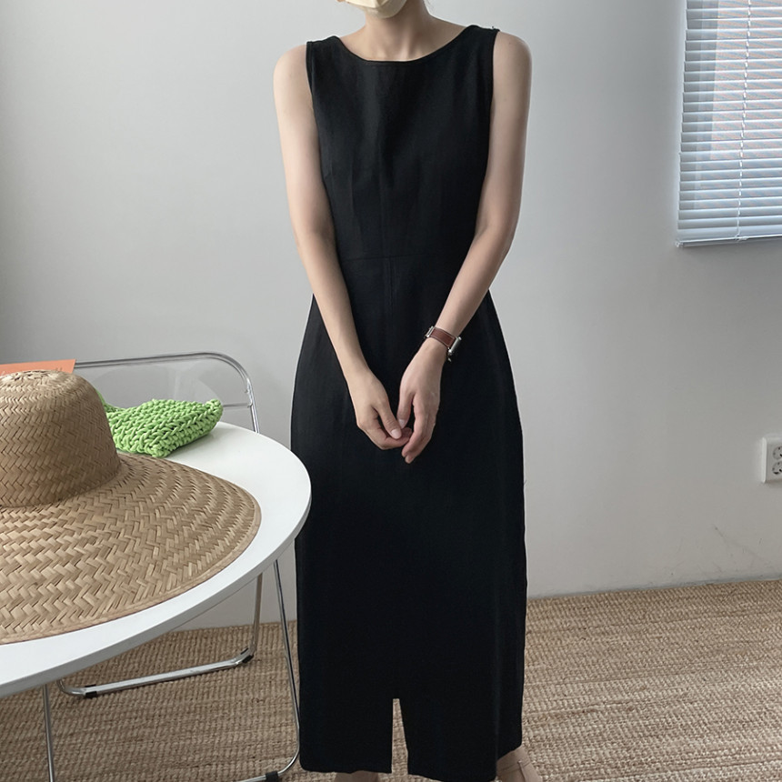 大人ワンピース 綿麻無地ノースリーブロングワンピース