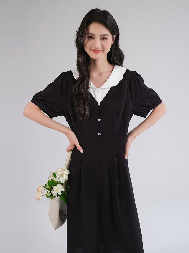 大人ワンピース ロング レイヤード風Vネックシフォンワンピース