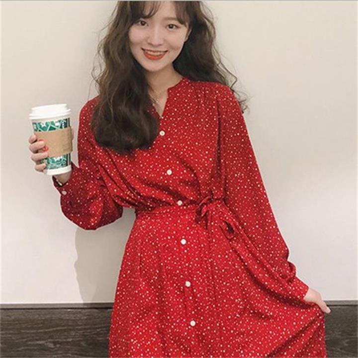大人ワンピース ロング ドット柄リボンワンピース
