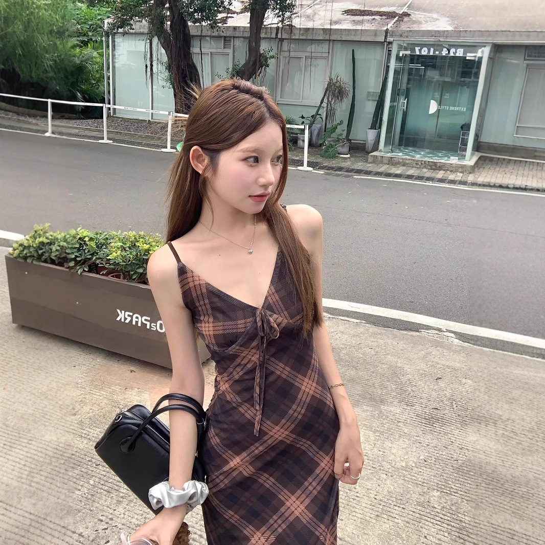 大人ワンピース ロング 格子柄キャミソールロングワンピース