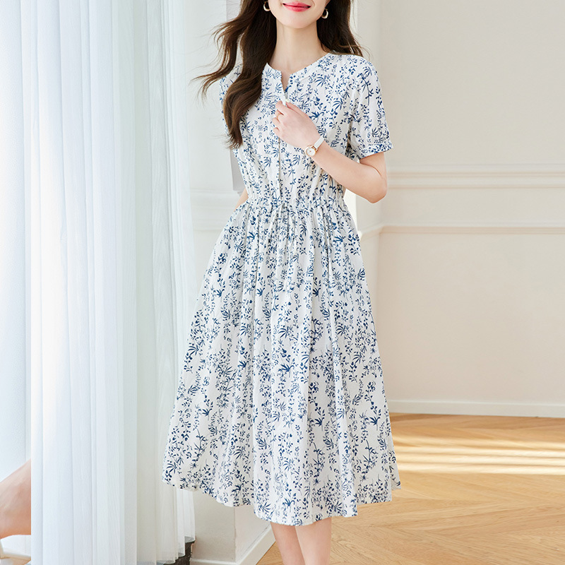 大人ワンピース ロング 優美な花柄ギャザーロングワンピース