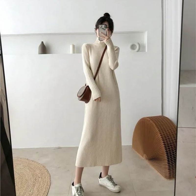 大人ワンピース ロング シンプル大人リブニットワンピース