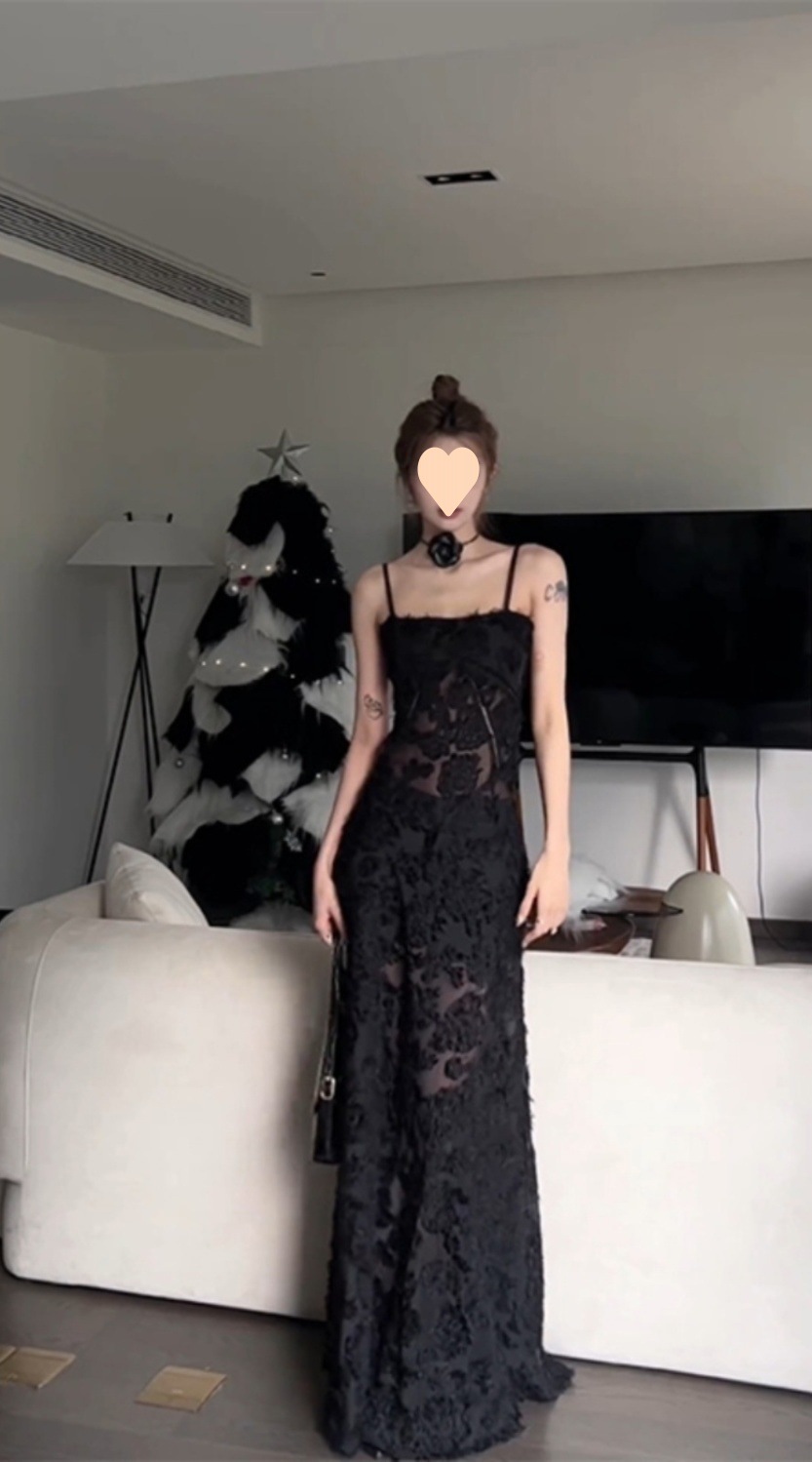 大人ワンピース ロング フロッキー加工レースキャミソールワンピース
