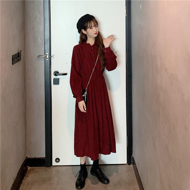 大人ワンピース ロング フリル襟シンプルワンピース