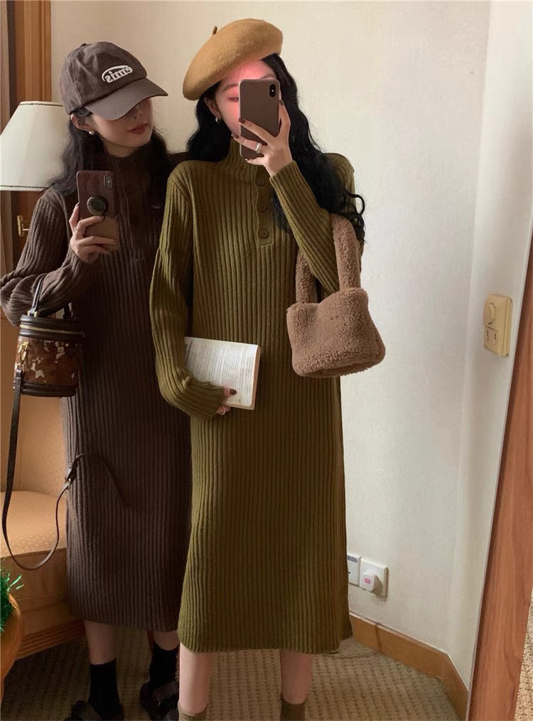 大人ワンピース リブニットワンピース長袖ハイネックロング丈きれいめ