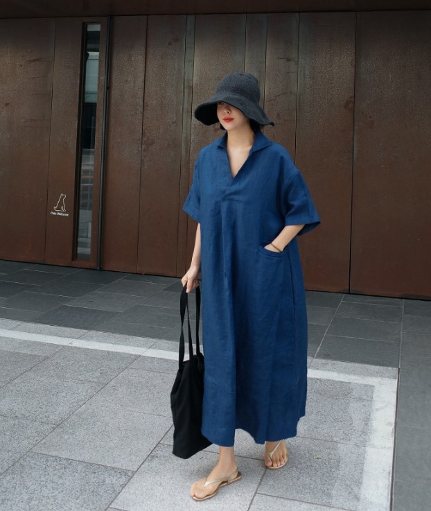 大人ワンピース 綿麻シャツワンピース ロング丈半袖ゆったりシルエット