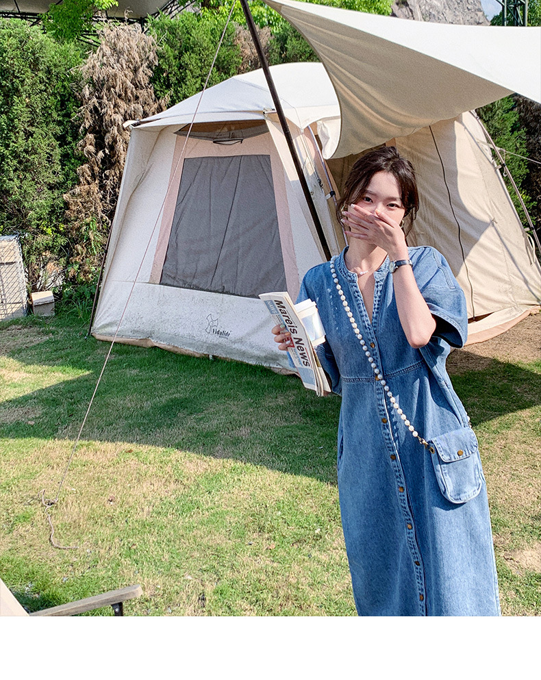 大人ワンピース ロング ノーカラーデニムワンピース