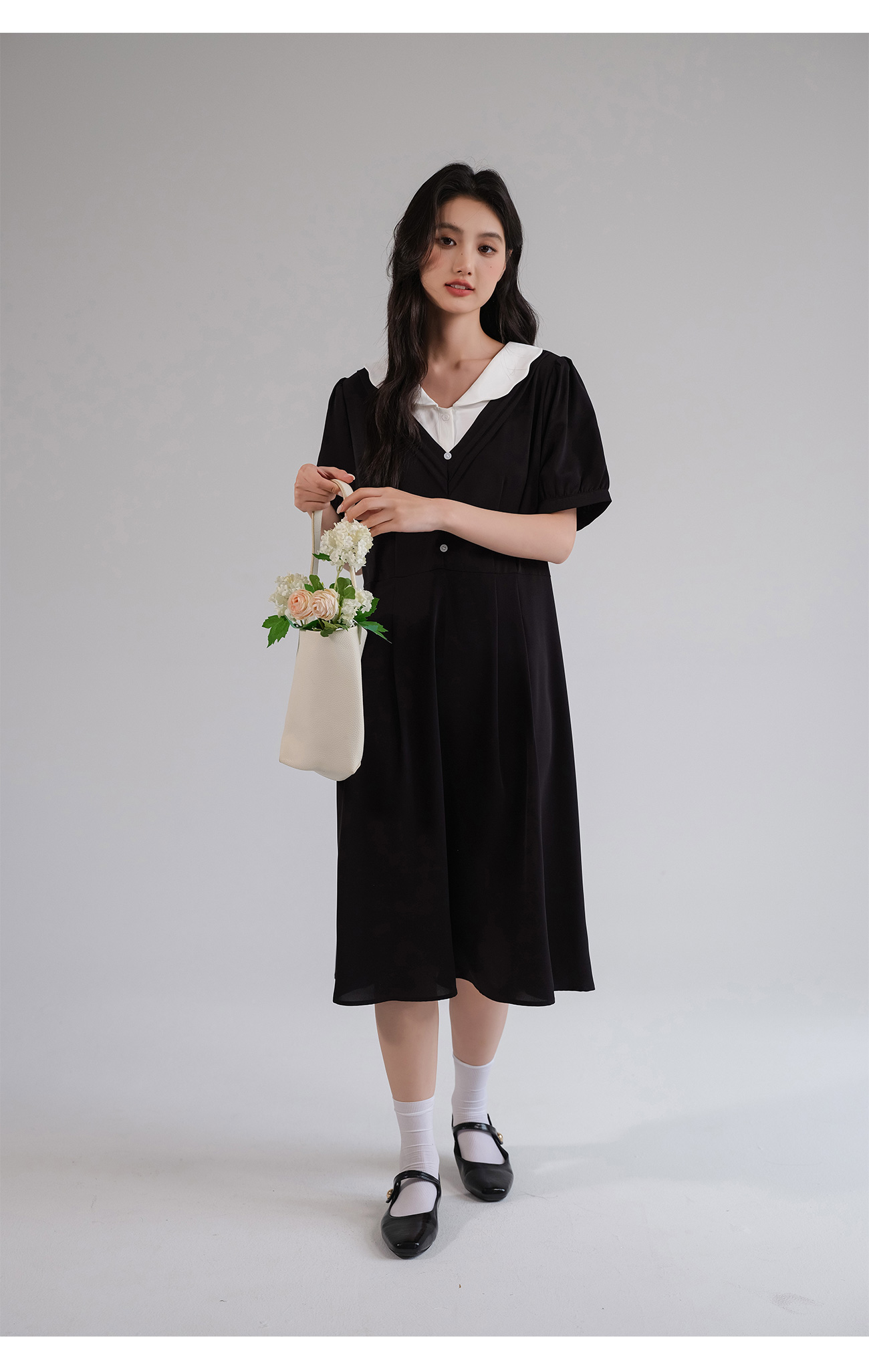 大人ワンピース ロング レイヤード風Vネックシフォンワンピース