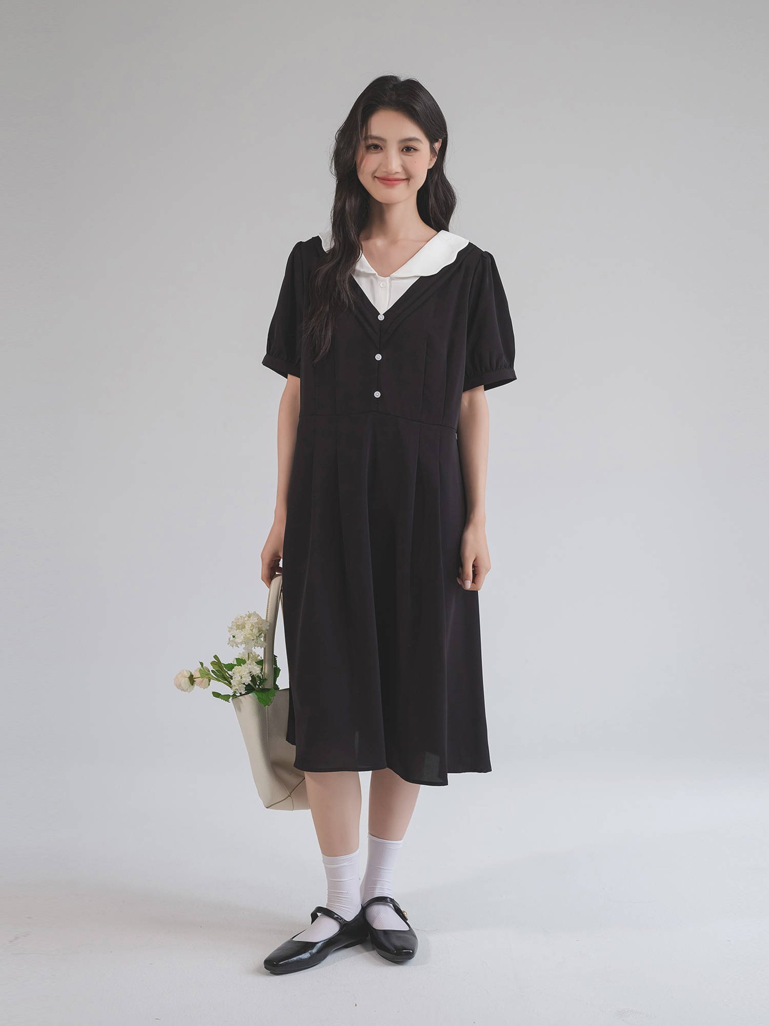 大人ワンピース ロング レイヤード風Vネックシフォンワンピース