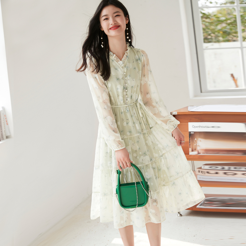 大人ワンピース ロング 花柄シフォンティアードロングワンピース