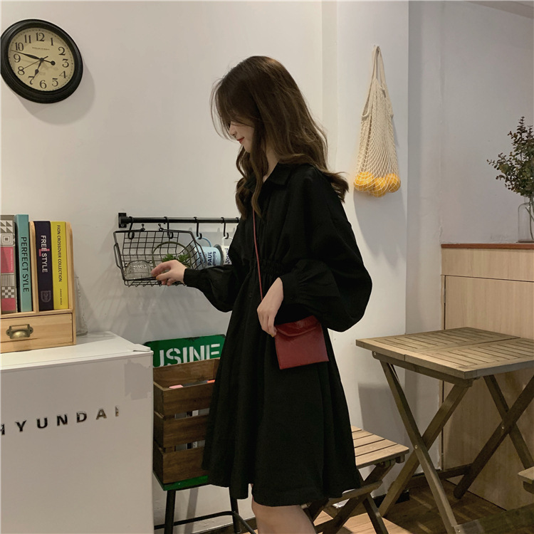 大人ワンピース 長袖シャツワンピース黒きれいめ大人ミディ丈